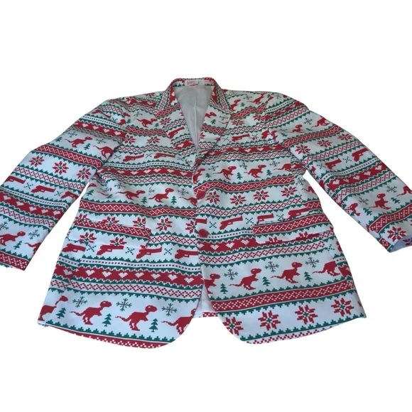 OppoSuits Christmas Dino Blazer US 46 Red Green Holiday Novelty Party Jacket EUC - Picture 3 of 7